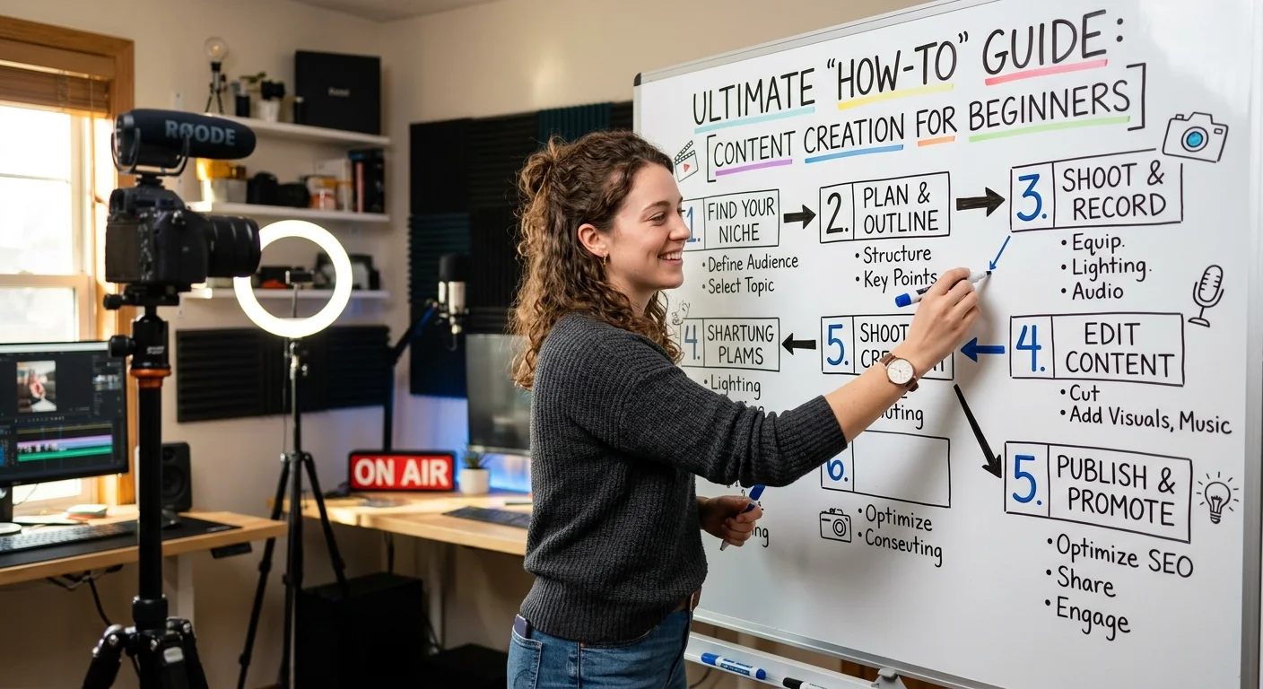 Content creator planning a step-by-step guide outline on a whiteboard