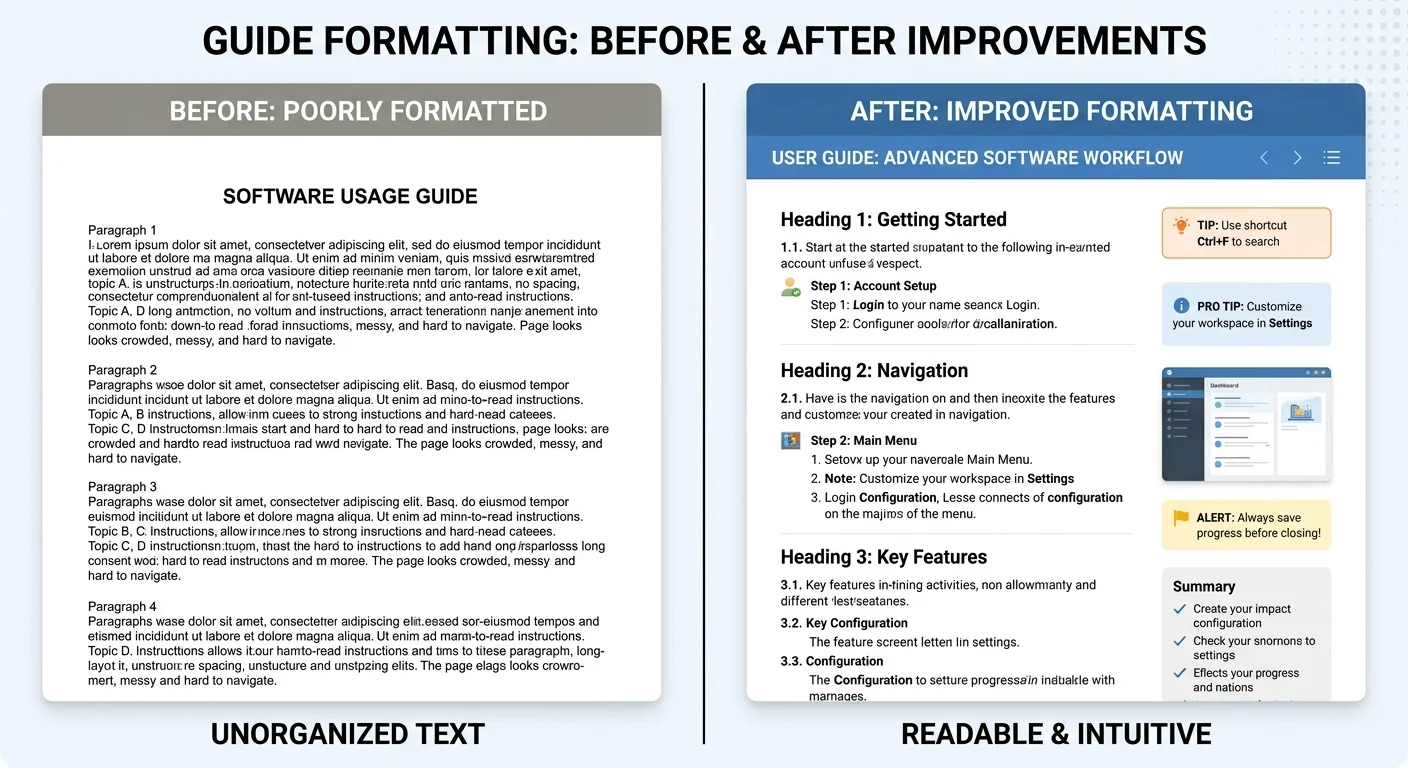 Before and after comparison of a how-to guide with improved formatting and visual hierarchy