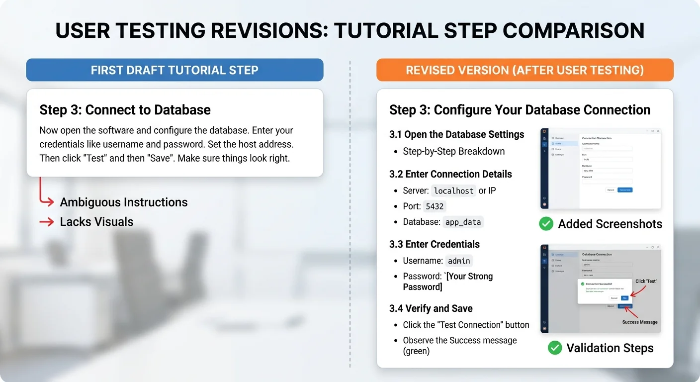 Before and after comparison of tutorial step improved through user testing