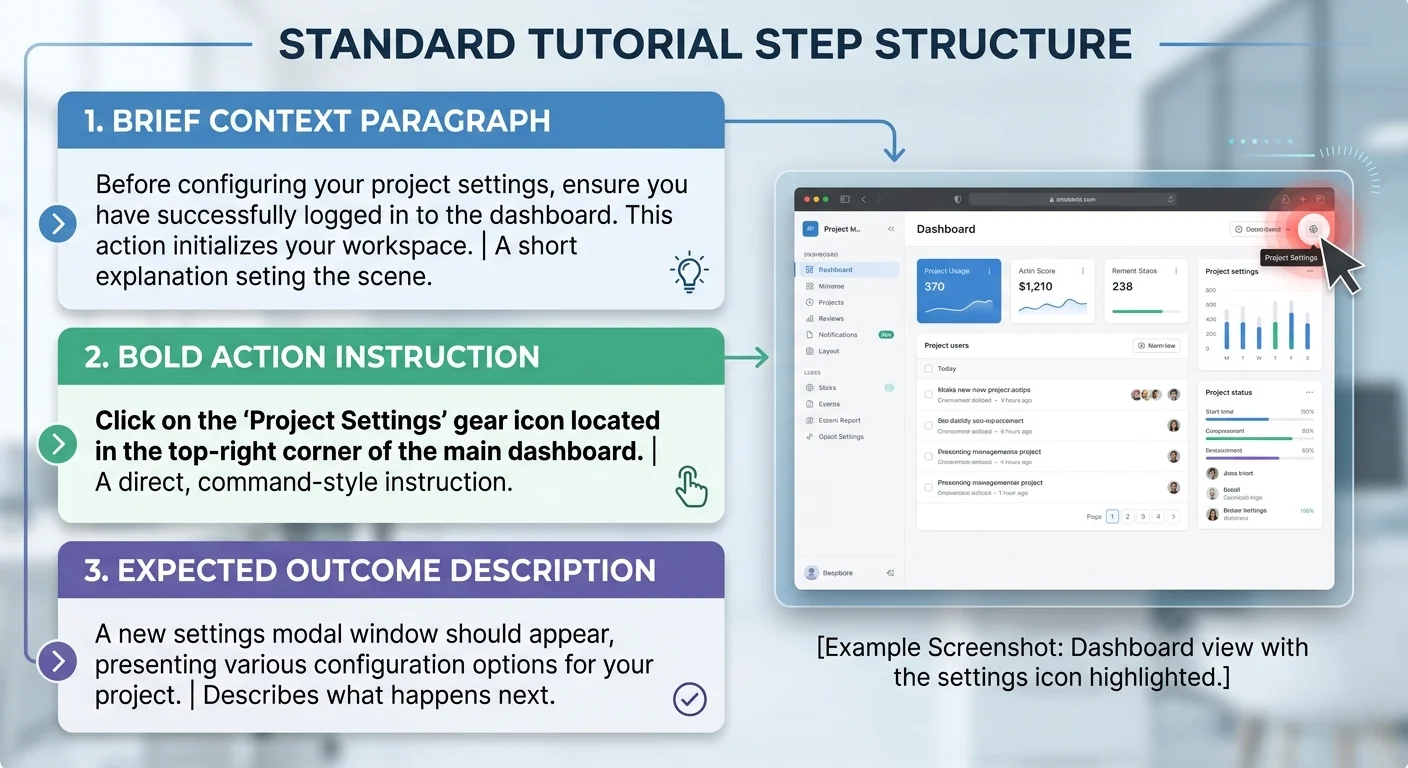 Example of a well-structured tutorial step with context, action, and outcome sections