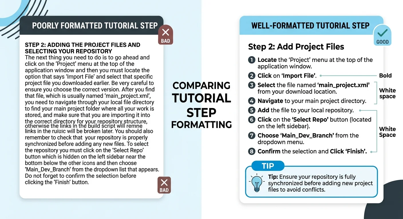 Before and after comparison of tutorial step formatting with visual hierarchy improvements
