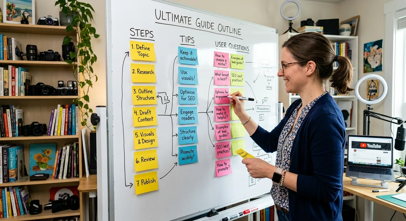 Content creator planning a step-by-step guide on a whiteboard