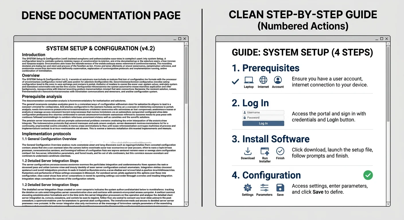 Comparison between technical documentation layout and a simplified step-by-step guide format