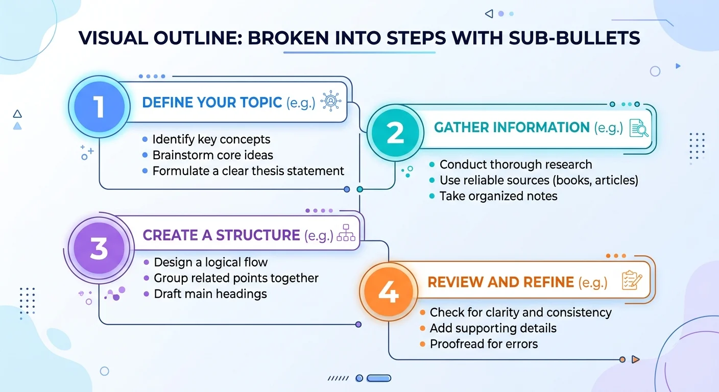 Diagram of a guide outline with numbered steps and nested sub-points